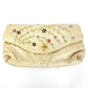 Antique White Seed Beaded Floral Fold Over Clutch Handbag